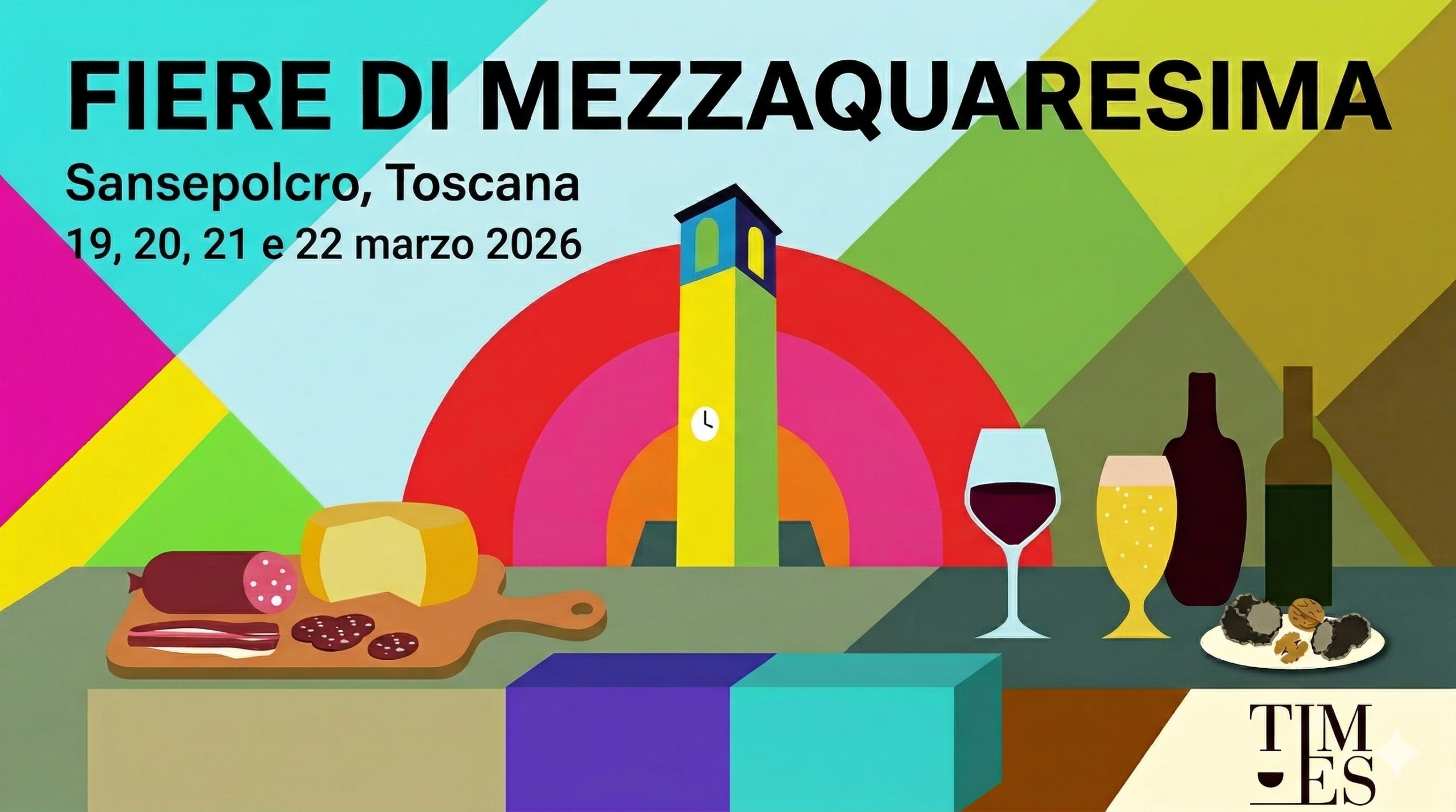 Banner dello stand Fiorentino Times alle Fiere di Mezzaquaresima di Sansepolcro 2026, con illustrazione della Torre di Berta, vino e prodotti tipici.
